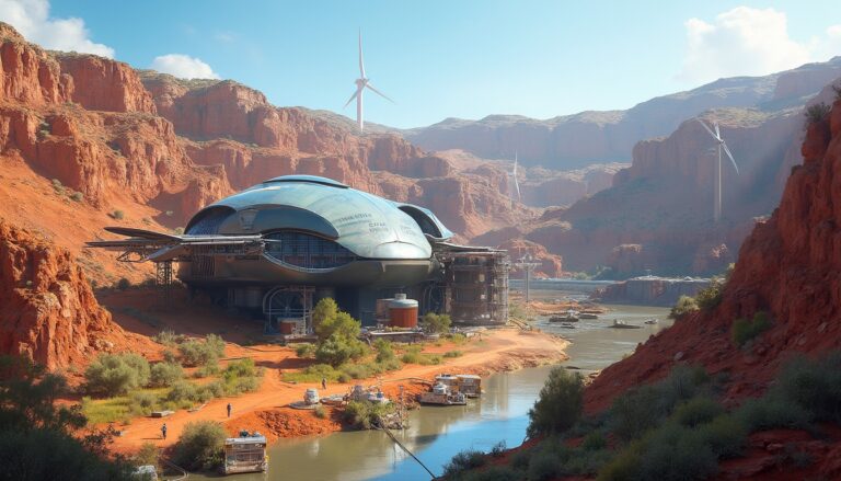 Futuristic building in a red canyon with wind turbines and a river.