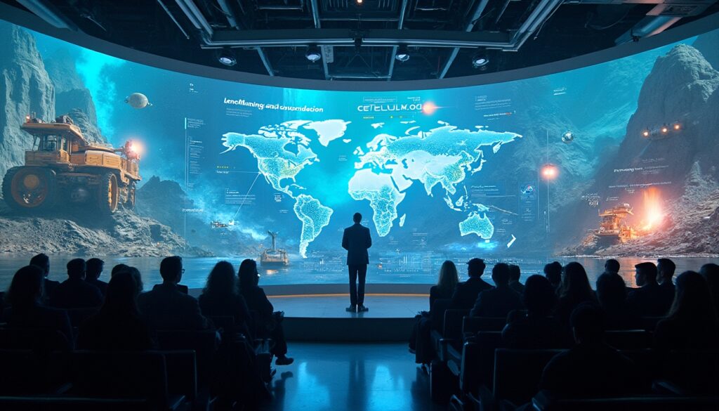 Person presents data on an immersive world map with a futuristic mining backdrop to an audience.