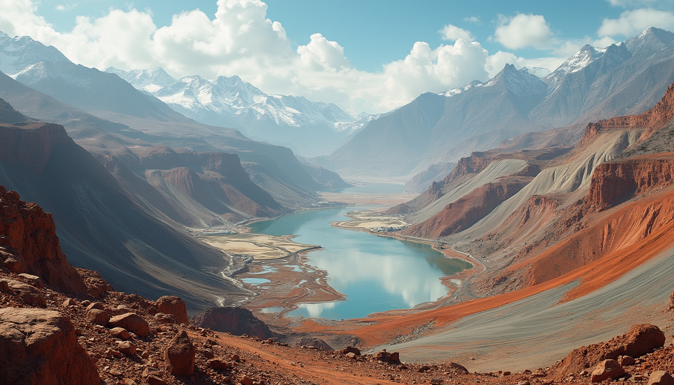 Mountainous landscape with a turquoise river winding through red and gray rocky terrain under a blue sky.