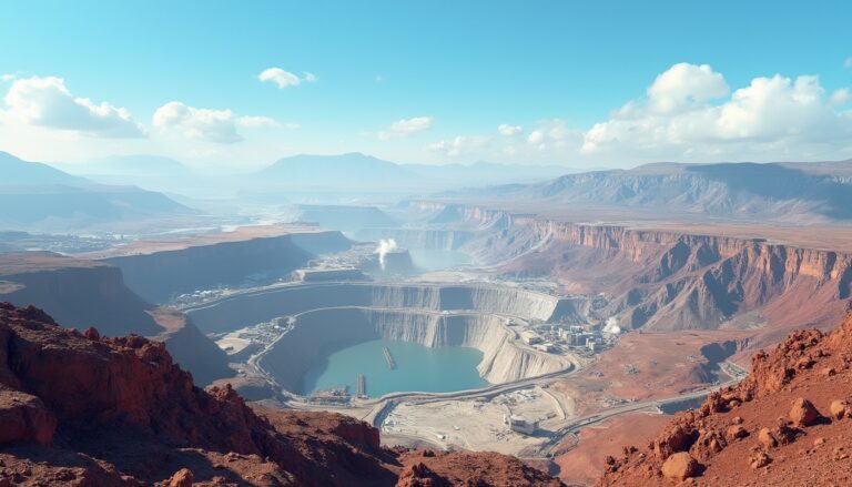 Vast open-pit mine with turquoise waters surrounded by red cliffs under a blue sky.