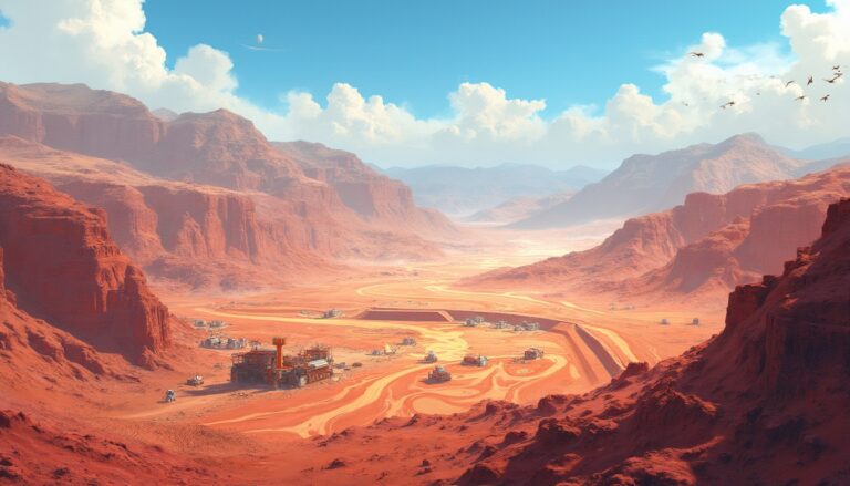 Mars-like landscape with red canyons, a settlement, a winding road, and a blue sky with clouds.