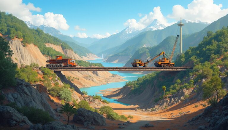 Construction vehicles on a bridge in a mountainous landscape with a river below.