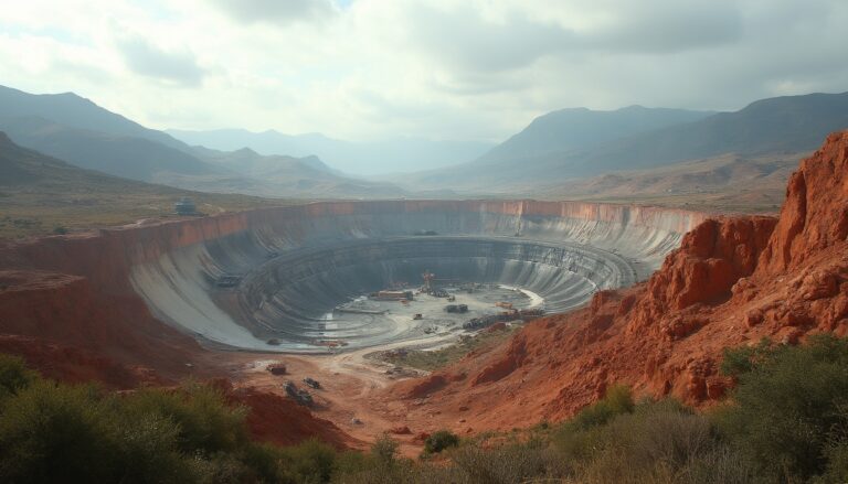 Large open-pit mine set in a barren landscape, surrounded by red rock formations under a cloudy sky.