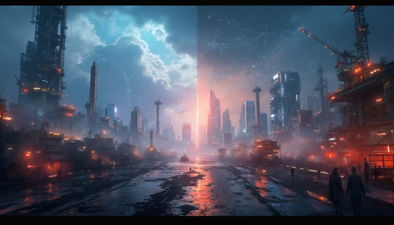 Futuristic cityscape at sunset with towering skyscrapers and a glowing horizon.