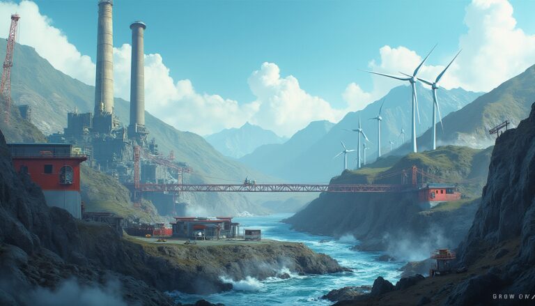 Industrial facility with wind turbines in a mountainous landscape by a river.