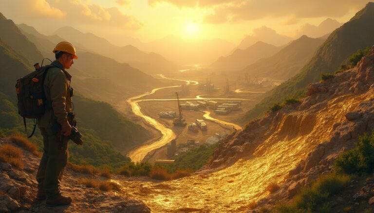 Man overlooking a gold mine at sunrise, surrounded by mountains and a winding river.