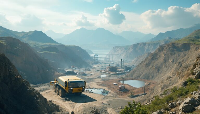 Mountainous landscape with mining trucks and equipment amid rugged terrain under a cloudy sky.