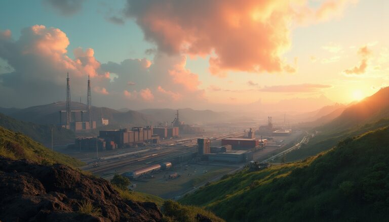 Sunset over an industrial complex nestled between lush green hills and a vibrant sky.