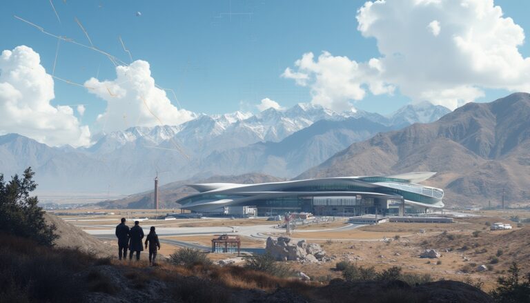 Futuristic building in a mountainous landscape with three people walking towards it.