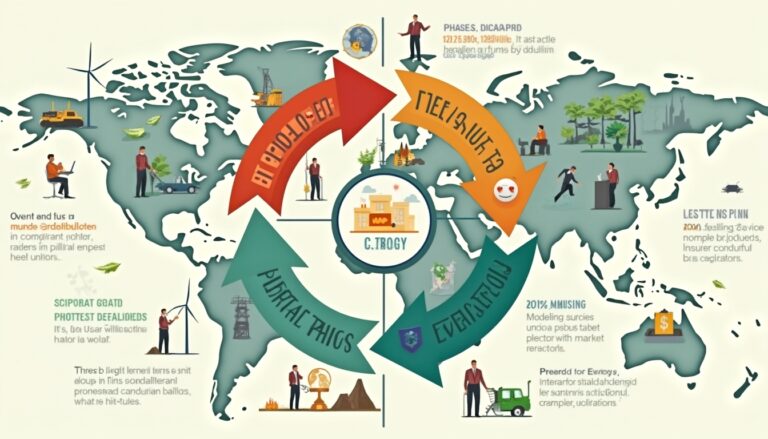 Map with colorful arrows and icons depicting various industries and activities worldwide.