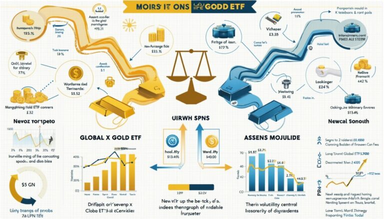 Infographic with various charts and figures about two types of ETFs: Global X Gold and Assens Mojulide.