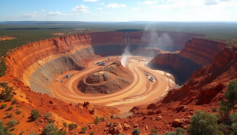 Vast open-pit mine with red earth tones, mining equipment, and a smoky center under a blue sky.