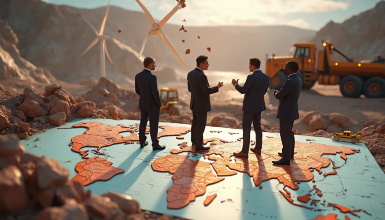 Four men in suits stand on a world map in a rocky, industrial setting with wind turbines.