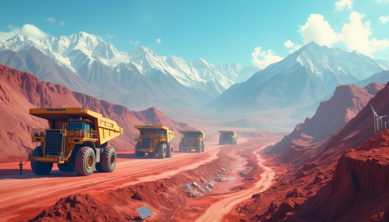 Mining trucks on a red dirt road with snowy mountains in the background.