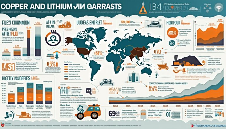 Infographic on global copper and lithium mining trends with charts, graphs, and a world map.