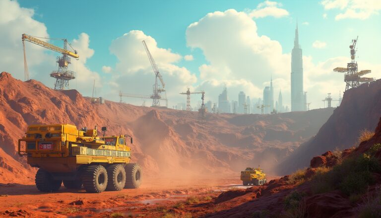 Massive yellow trucks and cranes operate in a dusty, red construction site with a city skyline behind.