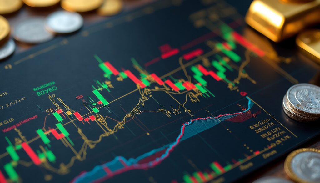 Financial chart with candlestick patterns, coins, and gold bars in the background.