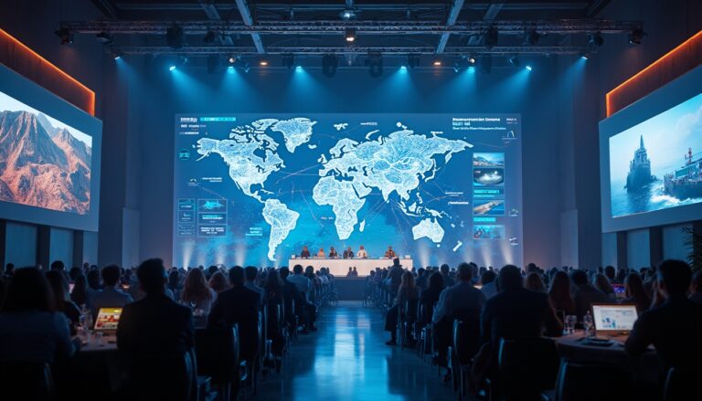 Conference with a large world map display, people seated, viewing presentations on side screens.