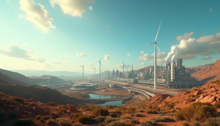 Futuristic industrial cityscape with wind turbines and red rocky desert under a clear blue sky.