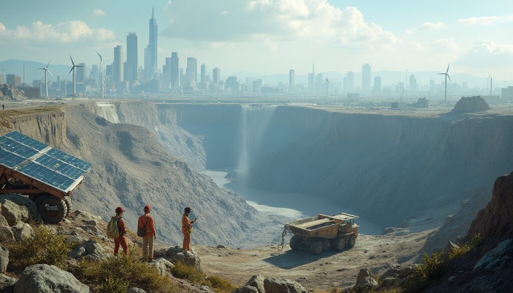 Workers at a quarry overlook a cityscape with wind turbines and solar panels under a cloudy sky.