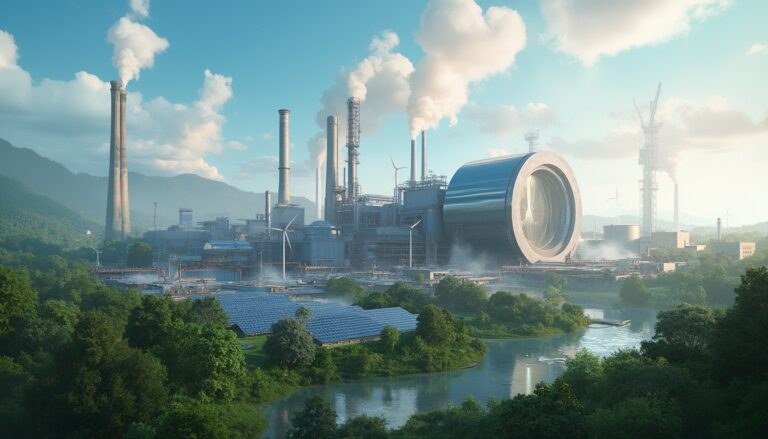 Futuristic power plant with giant turbine, solar panels, and wind turbines in a lush green landscape.