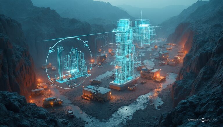 Futuristic construction site in a canyon with holographic building blueprints and machines.