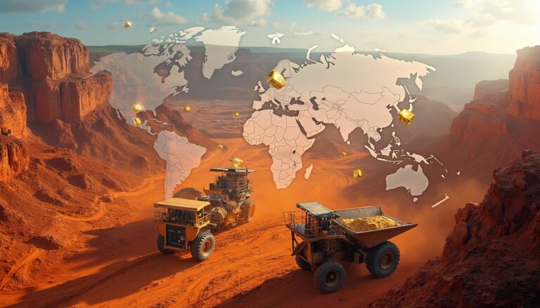 Mining trucks in a red desert with a world map overlay and scattered gold nuggets.