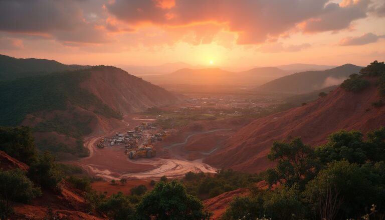 Sunset over a red earth valley with rugged hills and scattered construction vehicles.