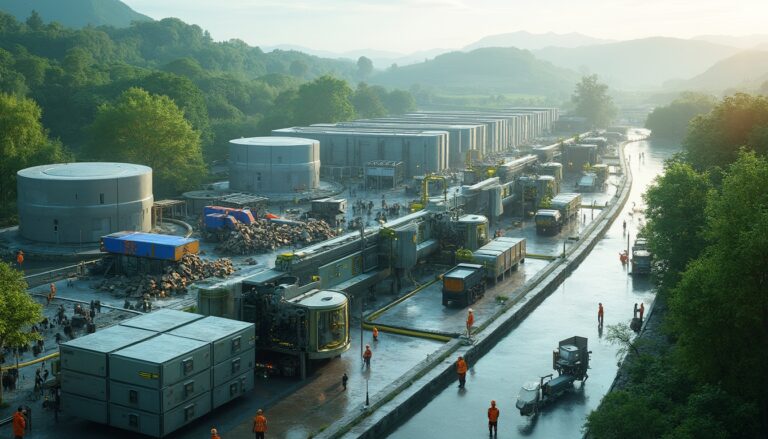 Construction site with machinery and workers in a lush, green valley.