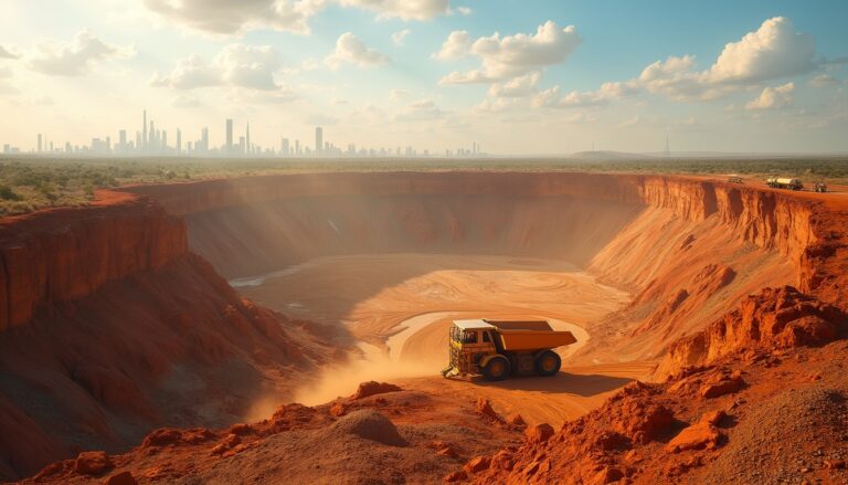 Dump truck in a large, red desert crater with city skyline in the distance under a cloudy sky.