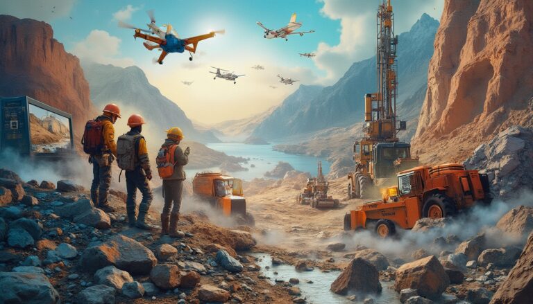 Futuristic mining scene with flying drones, workers in hard hats, machinery, and a mountainous landscape.