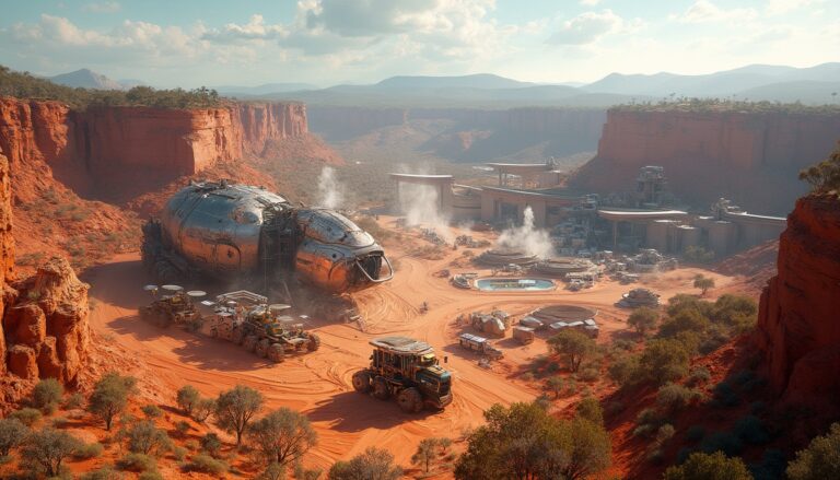 Futuristic base with spaceship and vehicles in a red desert canyon, mountains in the background.