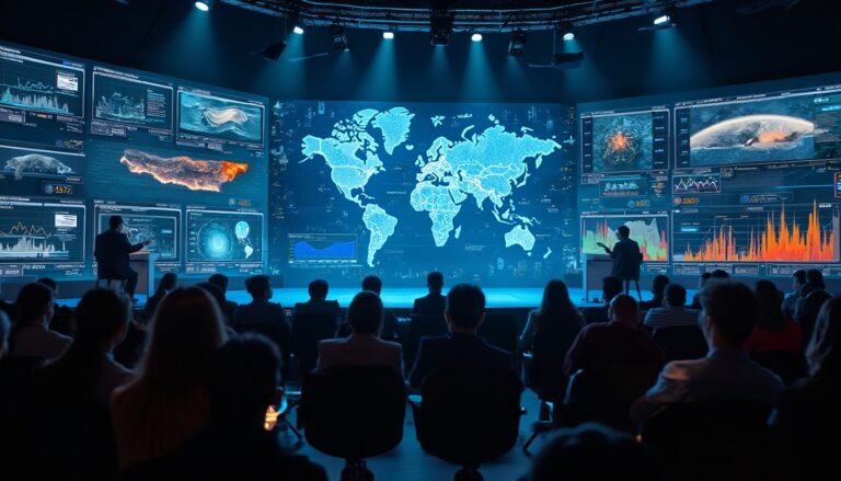 Audience watches a presentation with global data displays and charts on large screens.