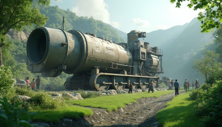 Futuristic train with large cylinder in lush green valley, people walking alongside.