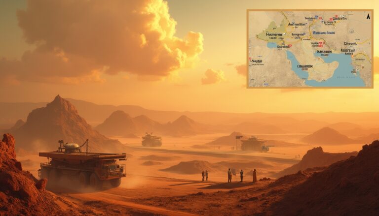 Desert landscape with large mining trucks and people, inset map depicts a fictional world location.