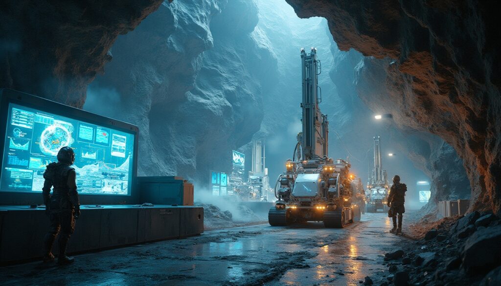 Futuristic underground base with workers, large machinery, and glowing digital screens.