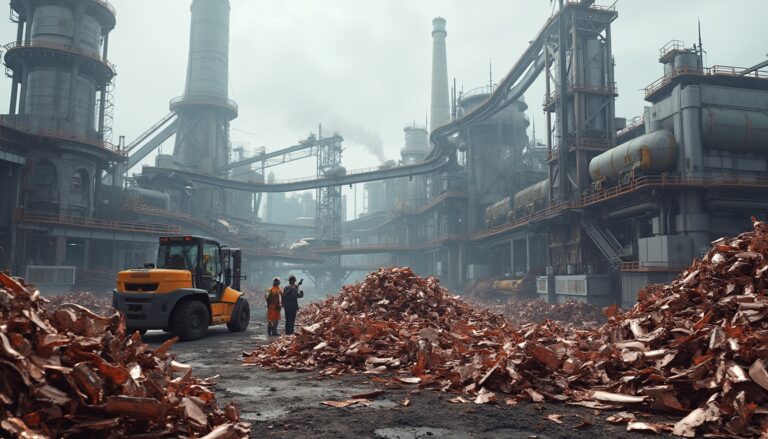 Industrial scene with machinery, workers, and large piles of metal debris in a foggy factory setting.