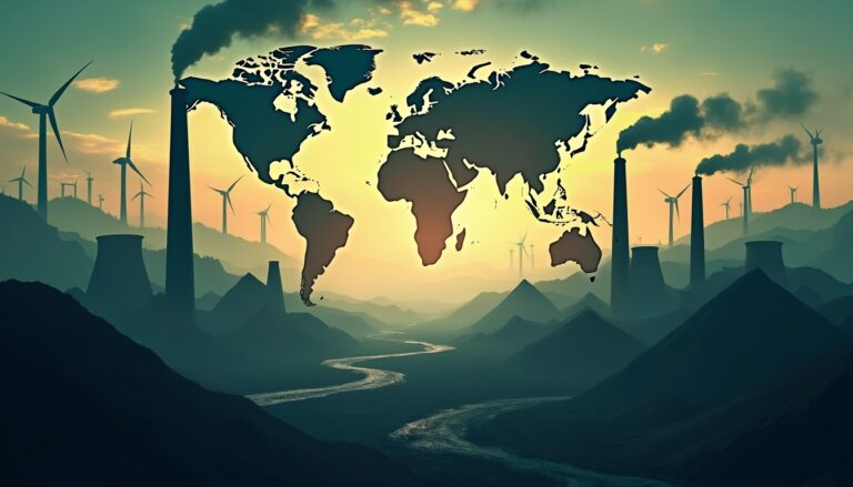 Map silhouette over polluted industrial landscape with wind turbines and smokestacks.