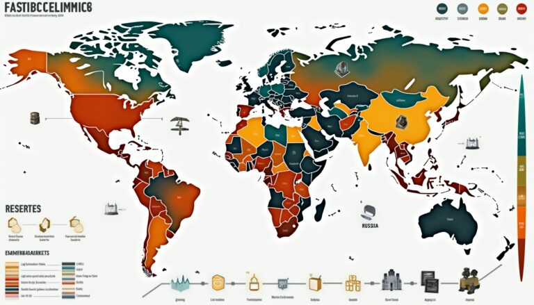 Colorful world map infographic highlighting resources and industries by region.