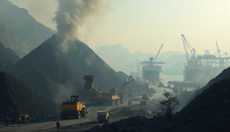 Industrial port with cranes, large ships, and vehicles moving coal amidst smoky hills.