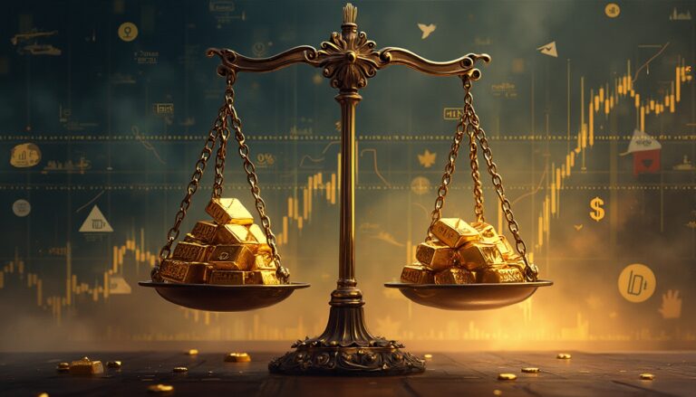 Golden scales balancing bars against a stock market graph backdrop.