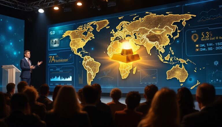 Speaker presenting global market data with a glowing map and gold bars.