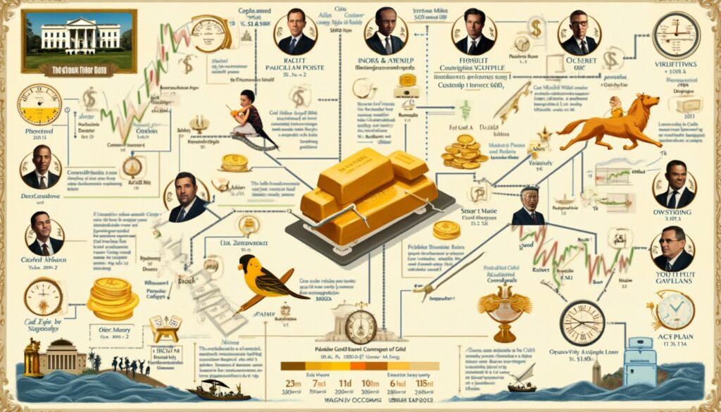 Complex infographic featuring gold bars, people, charts, and various interconnected financial elements.