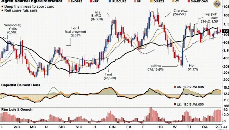 Candlestick chart with various technical indicators and annotations in indecipherable text.