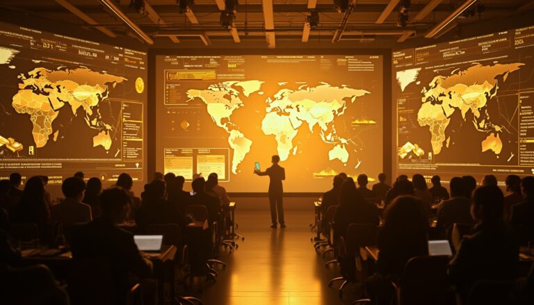 Person presenting world maps and data to an audience in a dimly lit conference room.