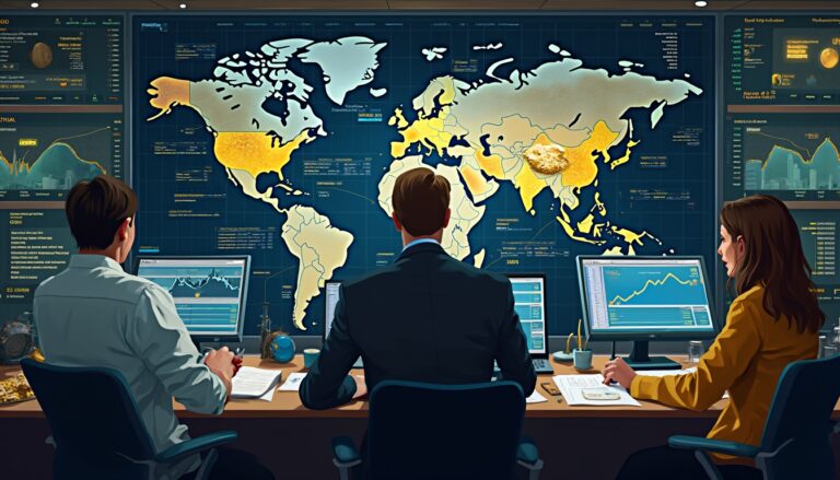 Three analysts monitor global markets on multiple screens with a world map highlighting gold regions.