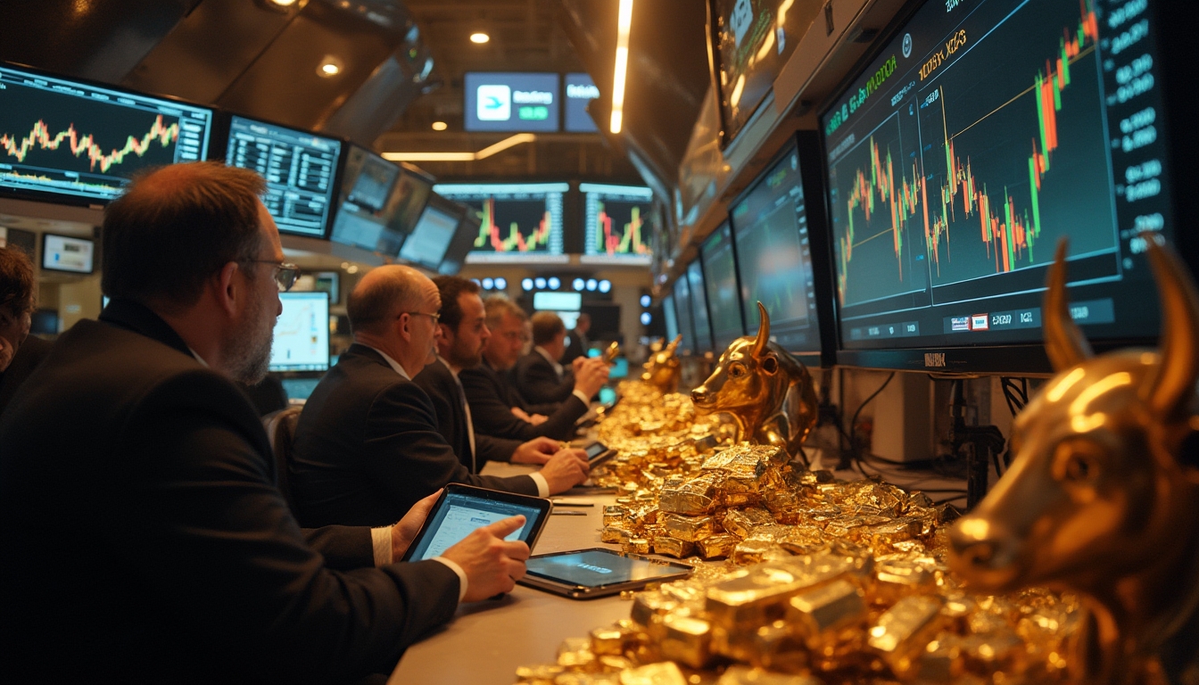 Stock traders at desks with gold bull statues, watching market data on multiple screens.