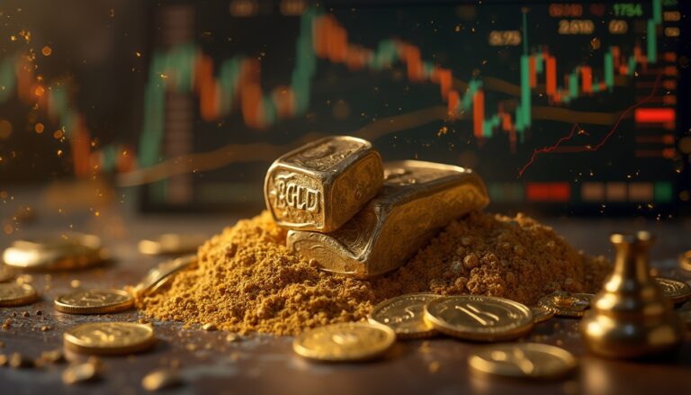 Gold bars and coins on sand with a stock market chart in the background.