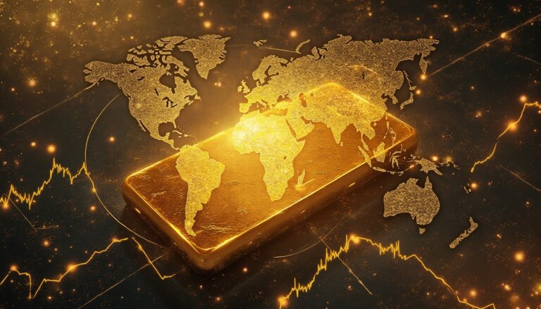 Gold bar overlaid with a golden world map and financial charts in the background.