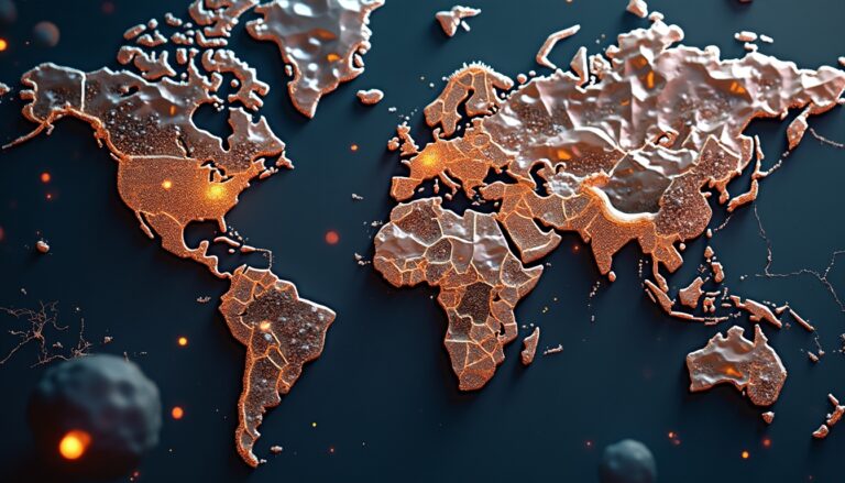 World map in glowing metallic style on a dark background.